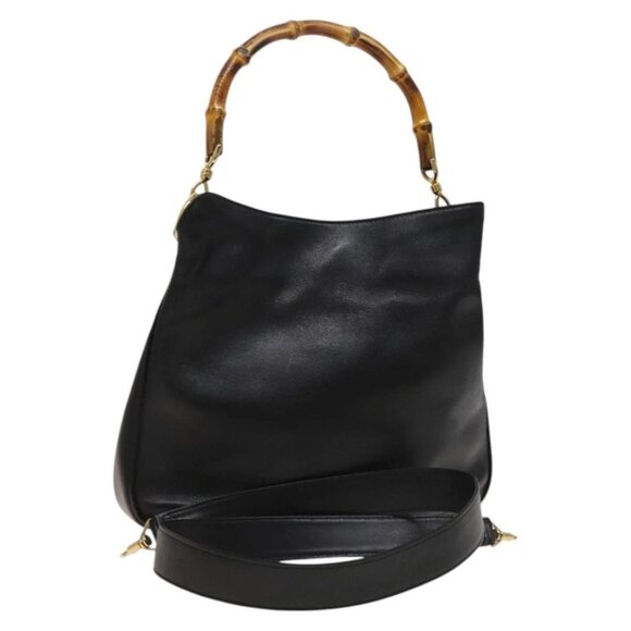 GUCCI Bamboo Hand Bag Leather 2way Black Gold - Picture 1 of 15